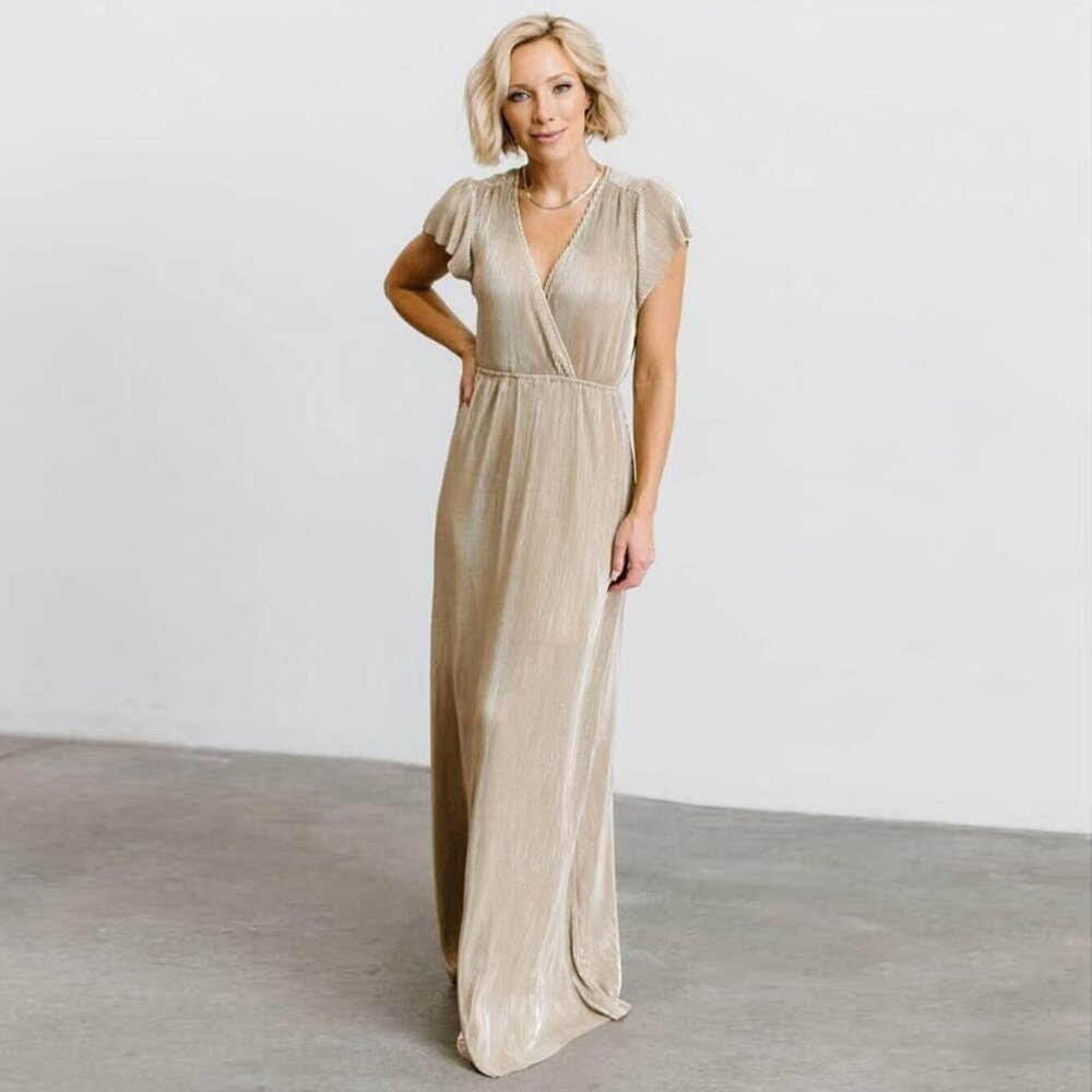 Baltic Born Gold Metallic Pleated Athena Maxi Dress small